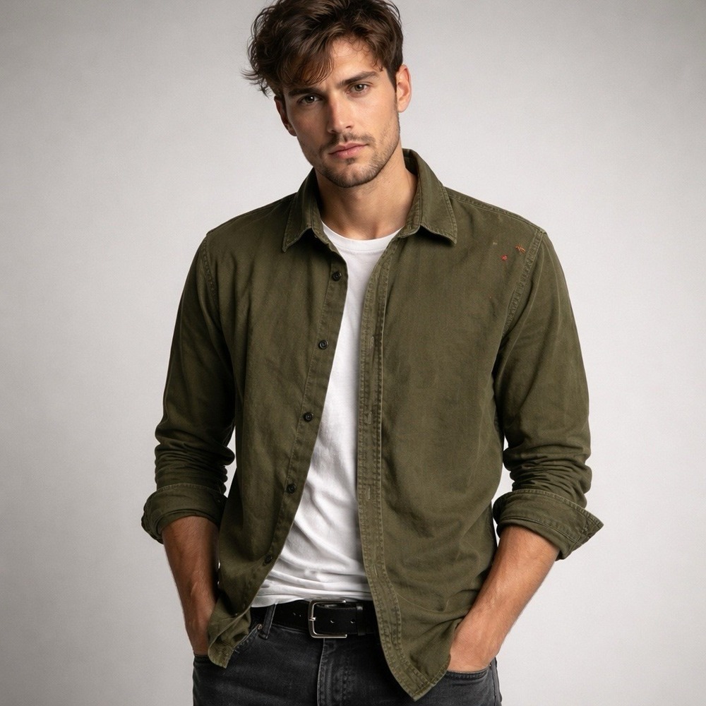 Dsquared2 Button Up Shirt Olive Green Cotton Distressed Stitch Mens 52 $90
